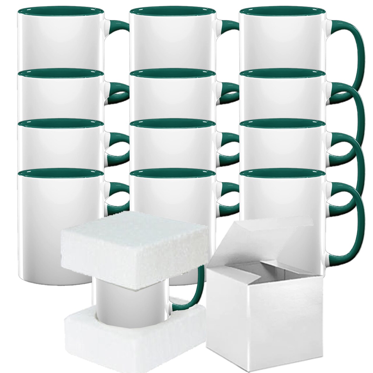 12-Pack Hunter Green Sublimation Mugs- 15oz, Hunter Green Interior And  Handle, Includes Foam Support Mug Shipping Boxes
